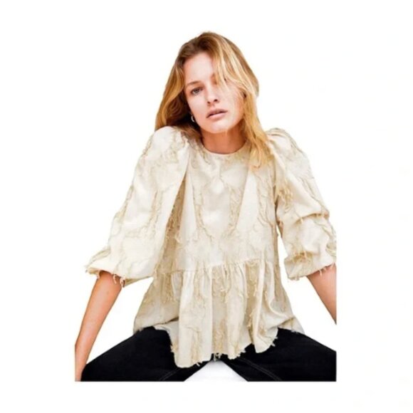 Zara Linen Blend Peplum Top Boho Hippie Fringe Puff Sleeve Natural Beige Small - Picture 2 of 16